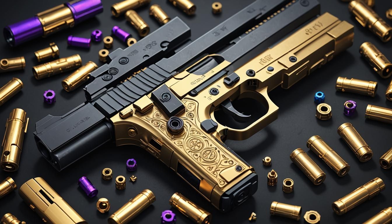 Disassembled Pistol Macro in Hyperrealistic Digital Art