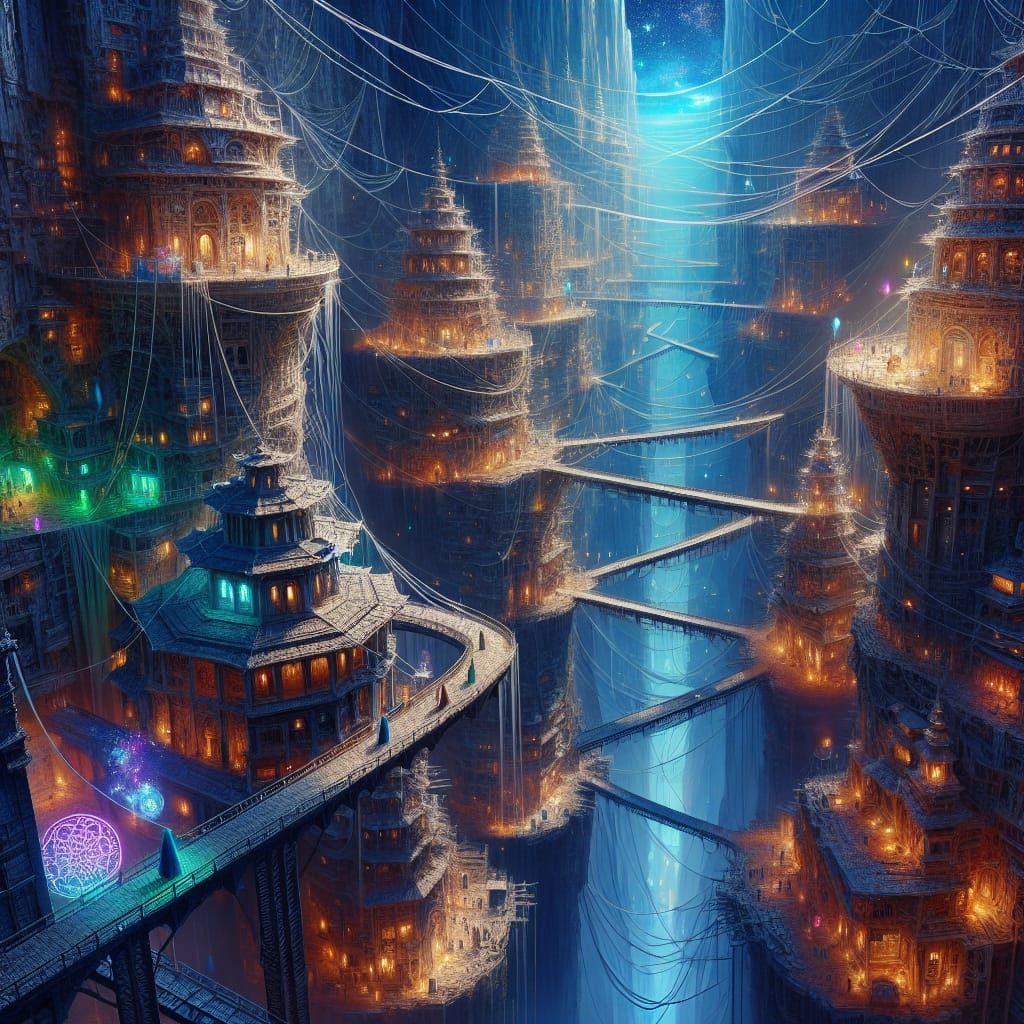 Surreal City Suspended by Spiderwebs with Neon Runes