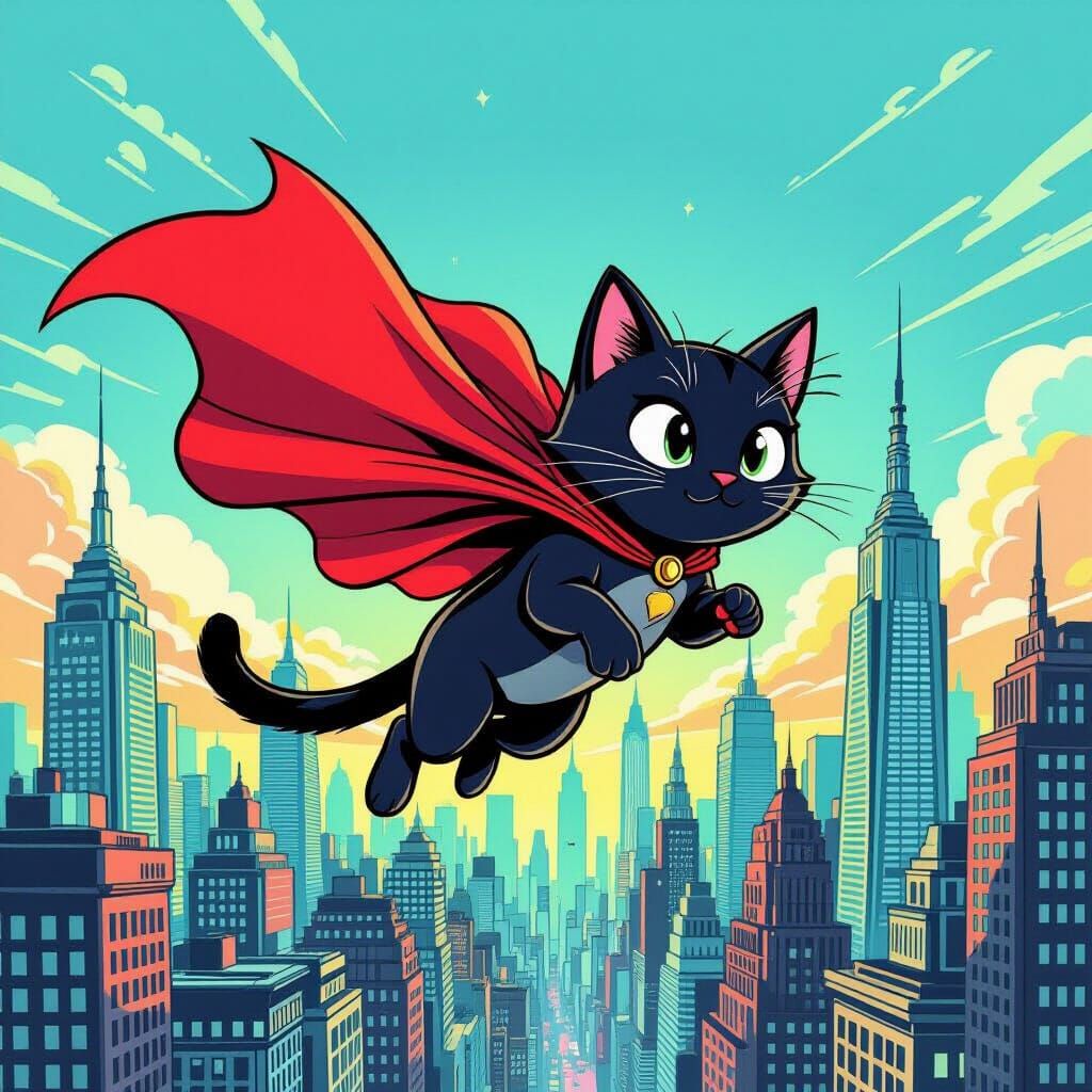 Superhero Cat Soars Above City in Cartoon Style