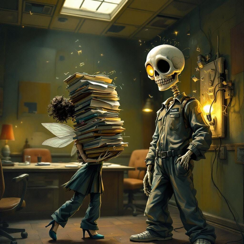 Gothic Fairy Tale Office Scene in Tim Burton Style