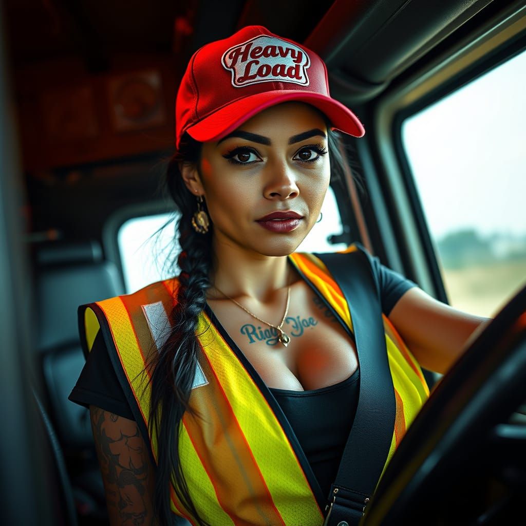 Woman Truck Driver Portrait with Tattoos and Heavy Load