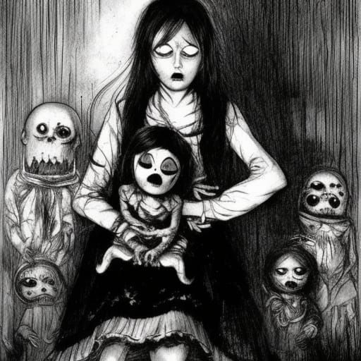 Scary Horror Girl with Haunted Dolls, Dark Aesthetic