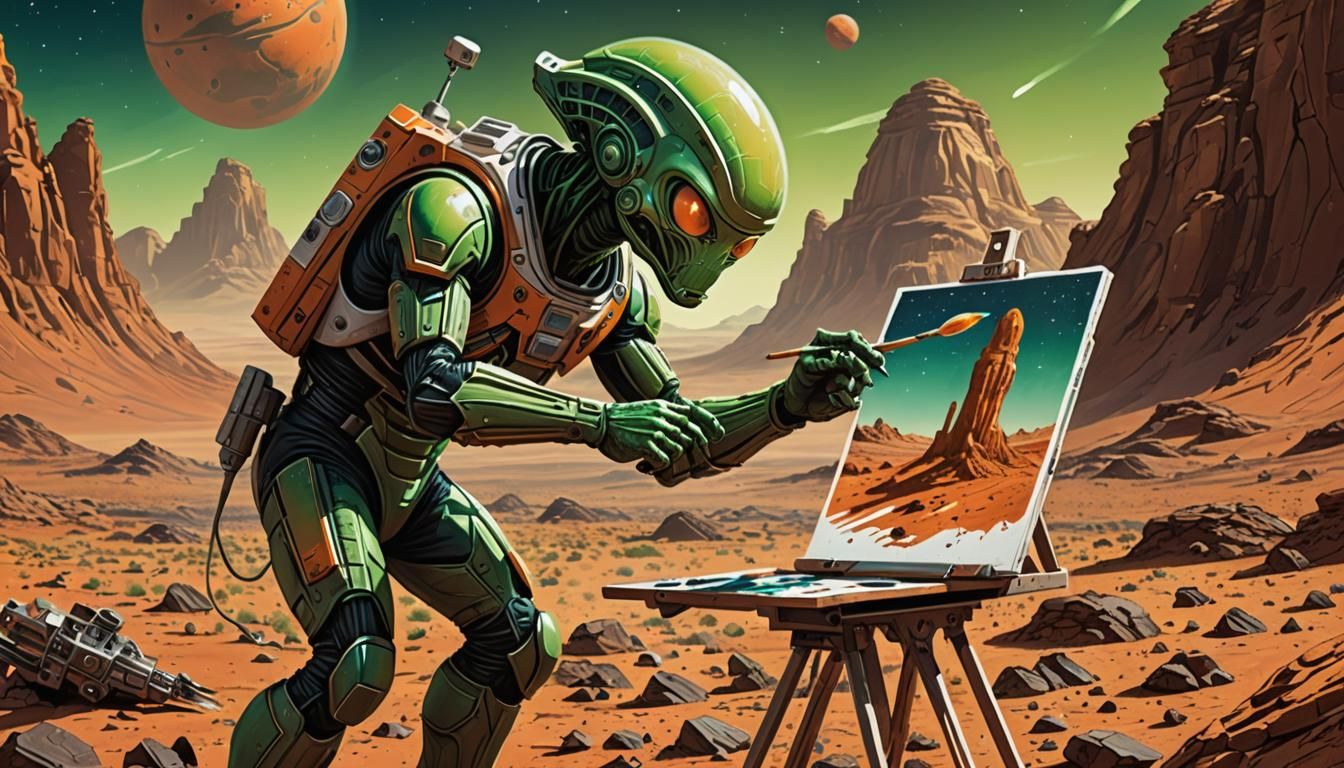 Alien Artist Painting on Mars: Comic Book Style