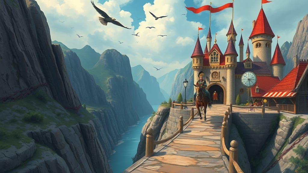 Whimsical Castle Scene with Warrior on Horse Crossing Bridge