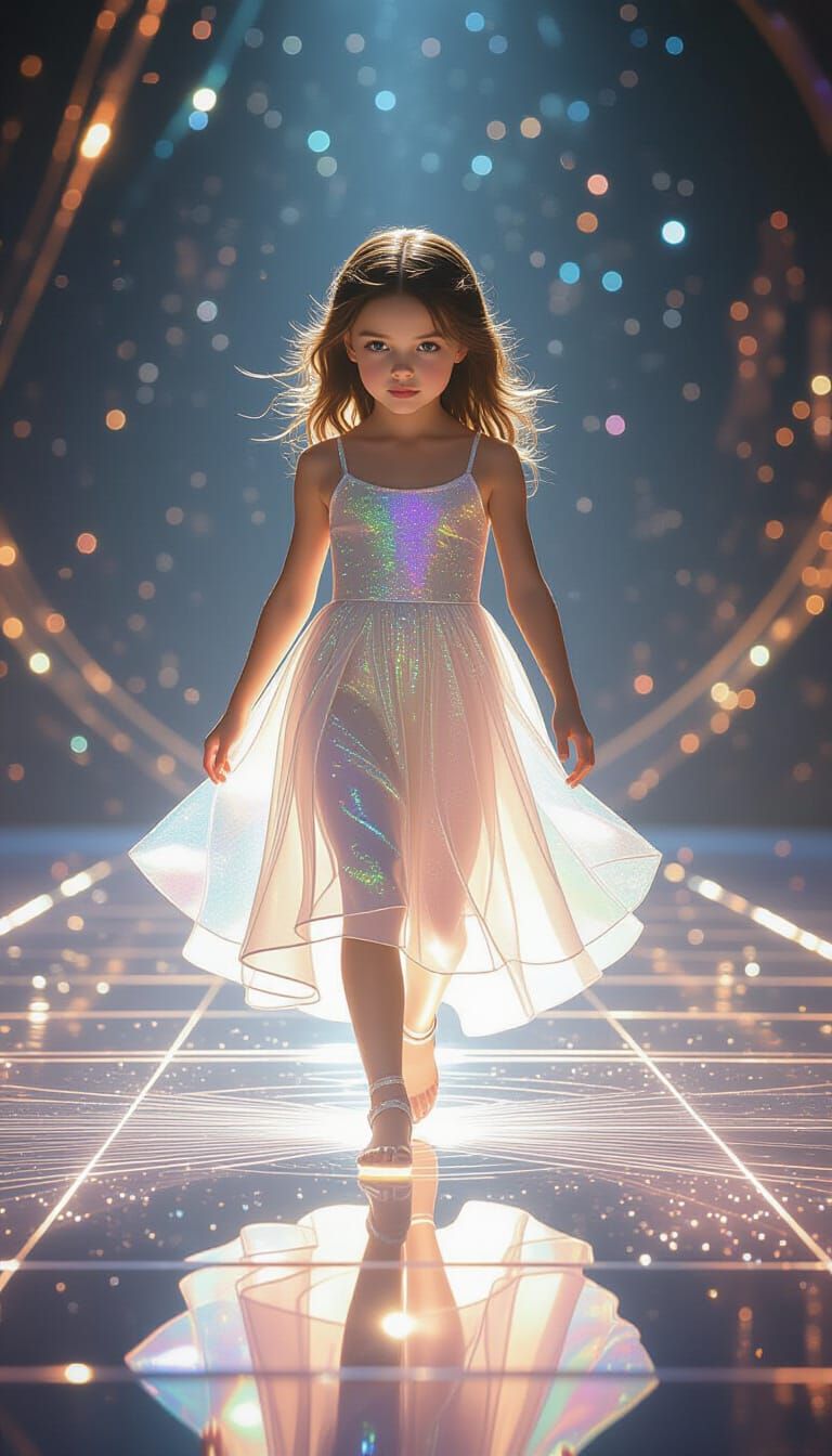 Glass Girl Walking on Glowing Floor in Dreamy Style