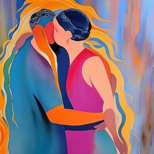 Lovers' Warm Embrace: Gouache Impressionist Masterpiece