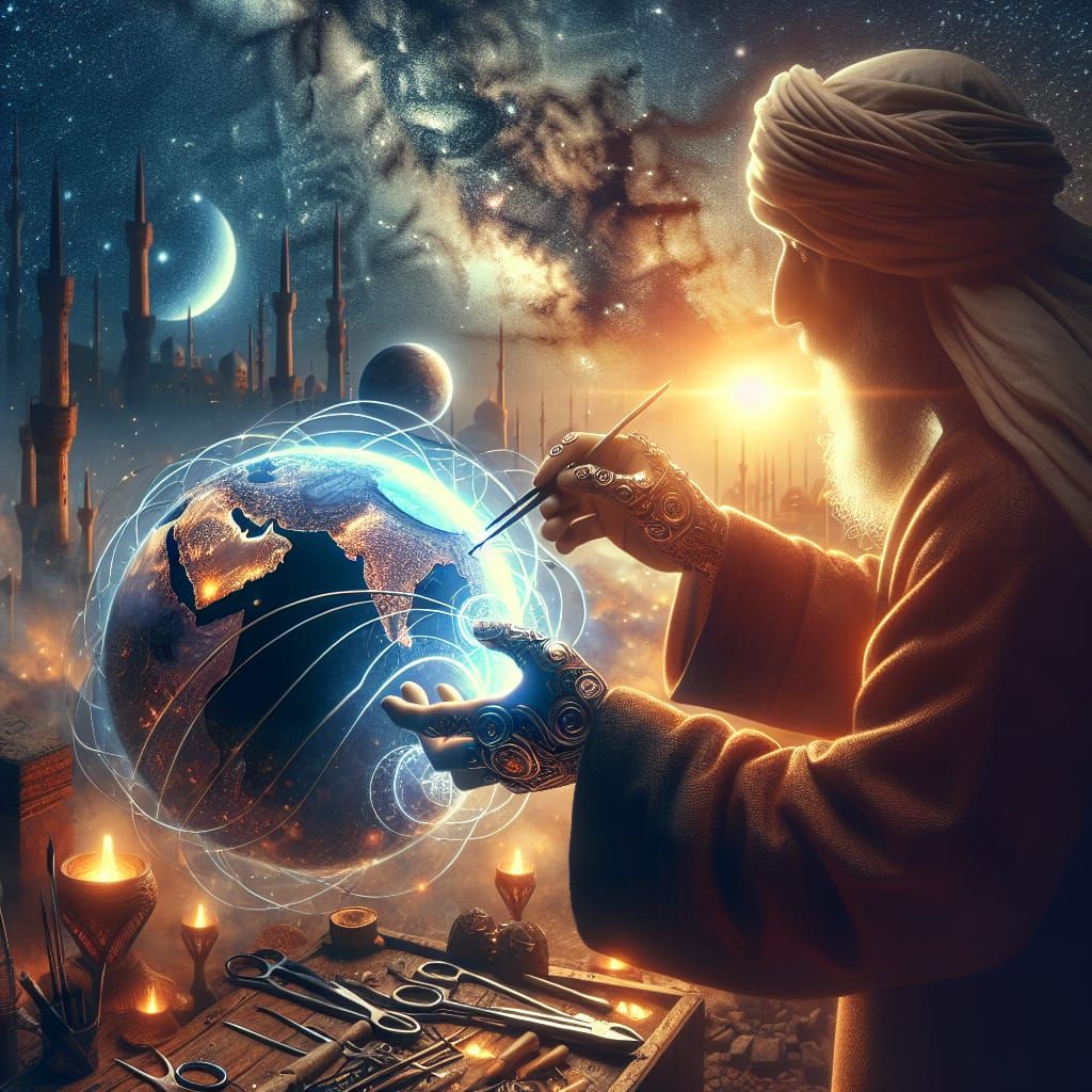 Middle-eastern Man Creates a Planet in Twilight