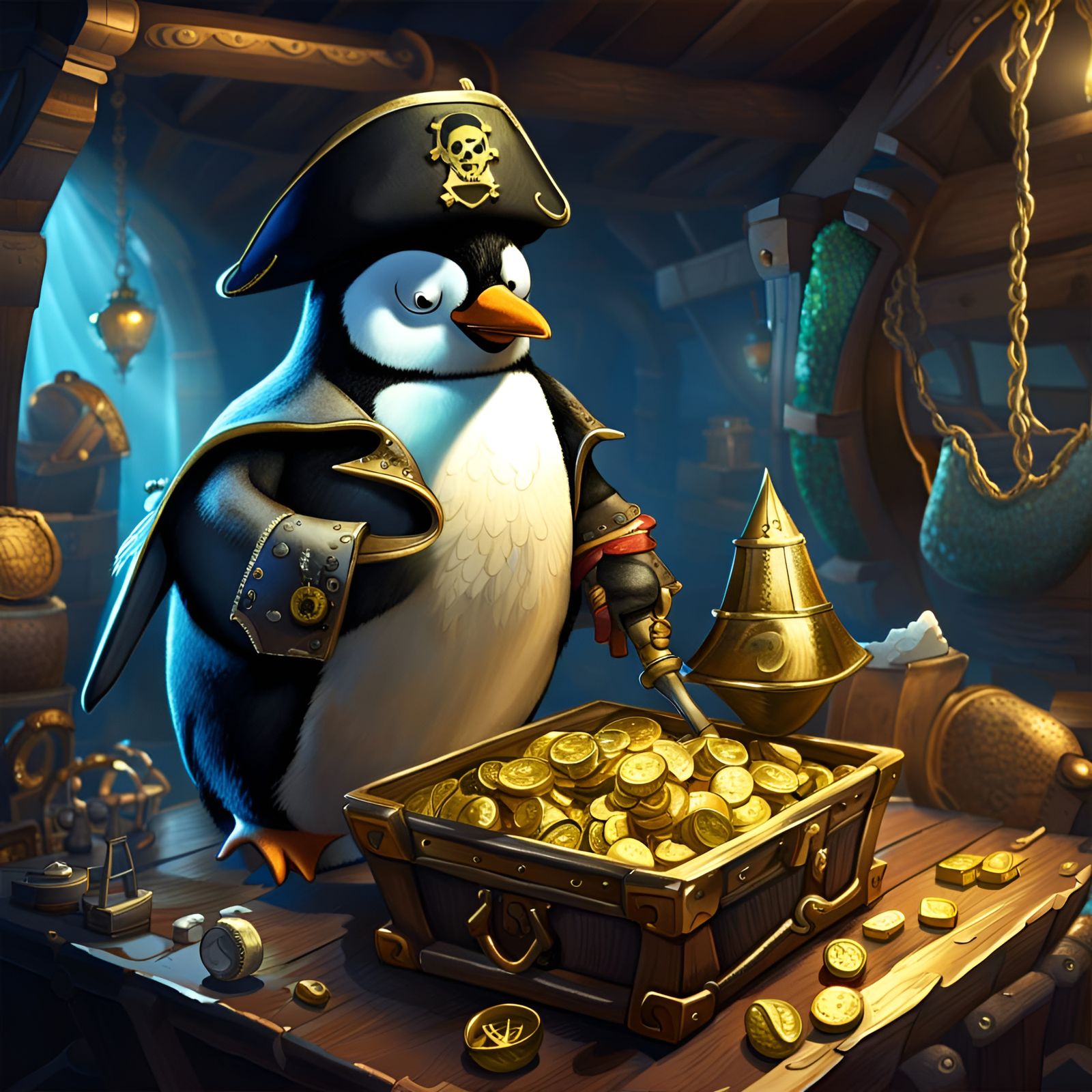 Penguin Pirate Guarding Treasure on Ship