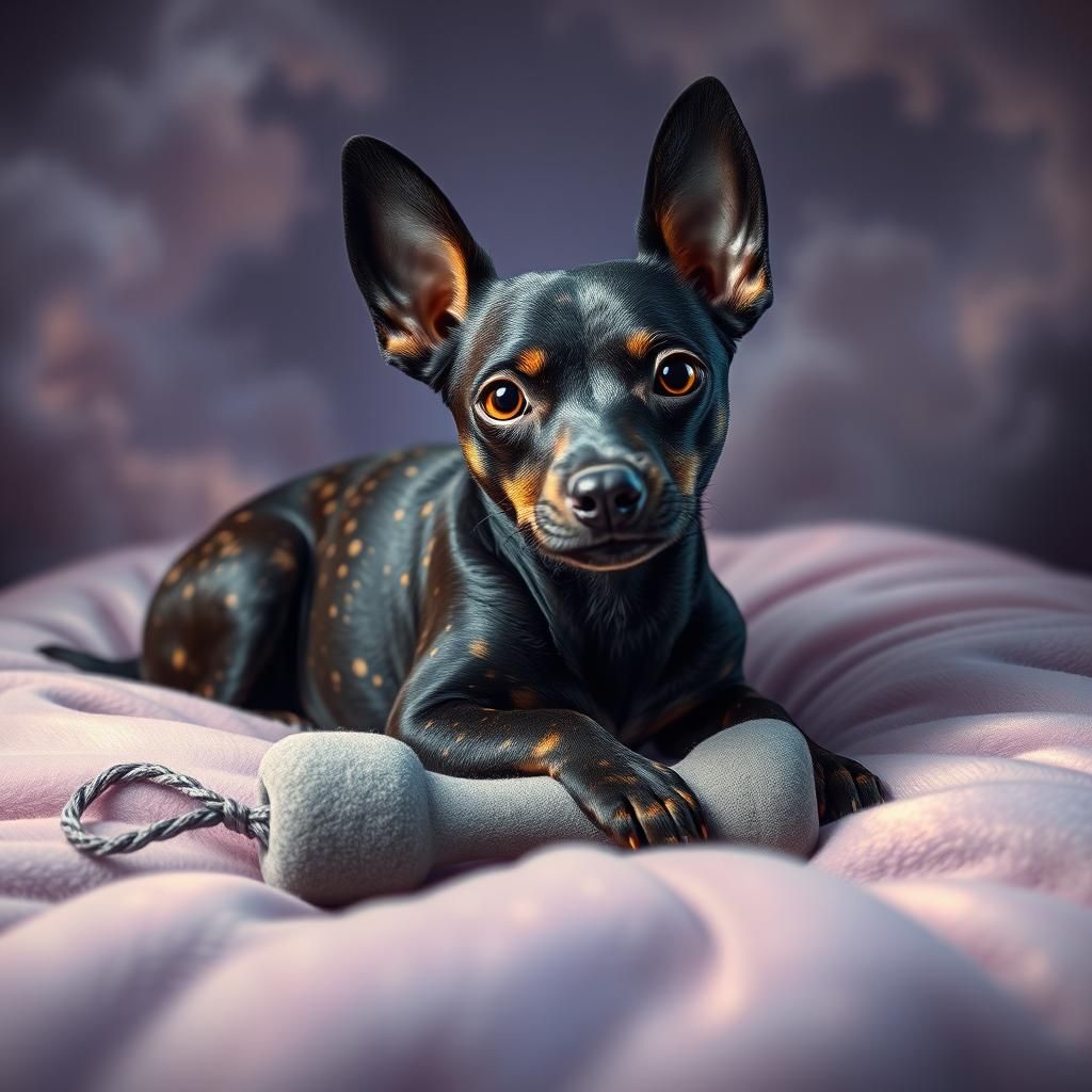 This scrawny adult dog has blue-black fur with golden speckl...