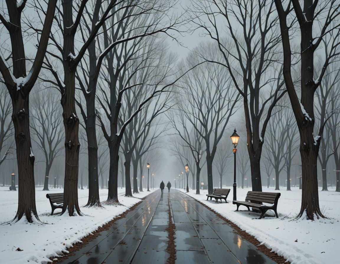 Lonely Figure Walks Through a Snow-Covered Urban Park in a M...