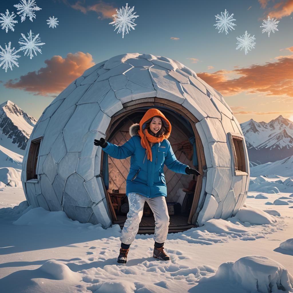 Woman Cartwheeling on Igloo in Arctic Landscape