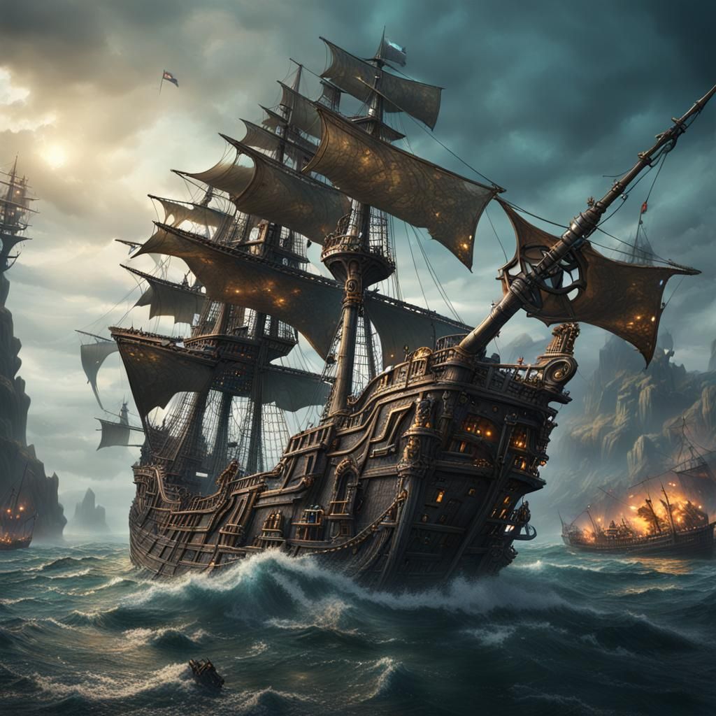 Skeleton Pirate Ship Battle in Detailed Matte Painting