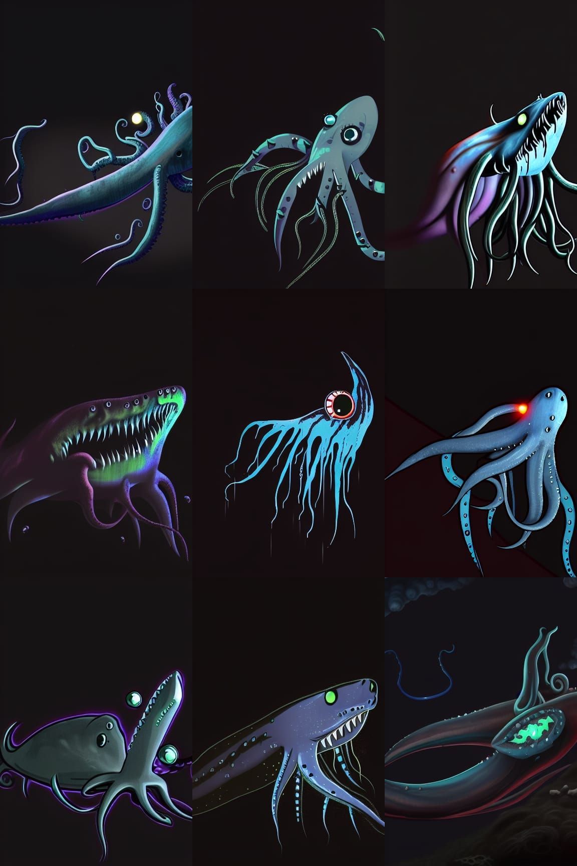 Giant Glowing Squid Attacks Futuristic Submarine