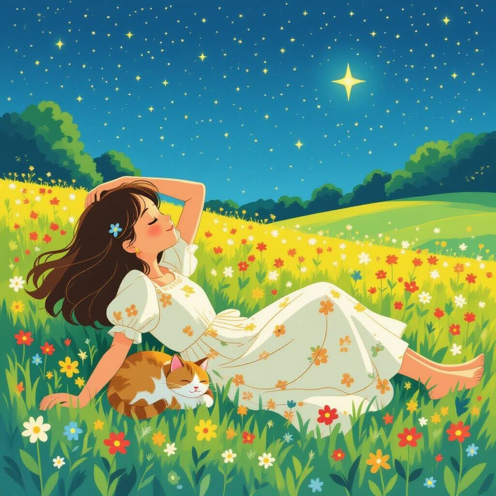 Girl with Cat Gazing at Stars in Meadow