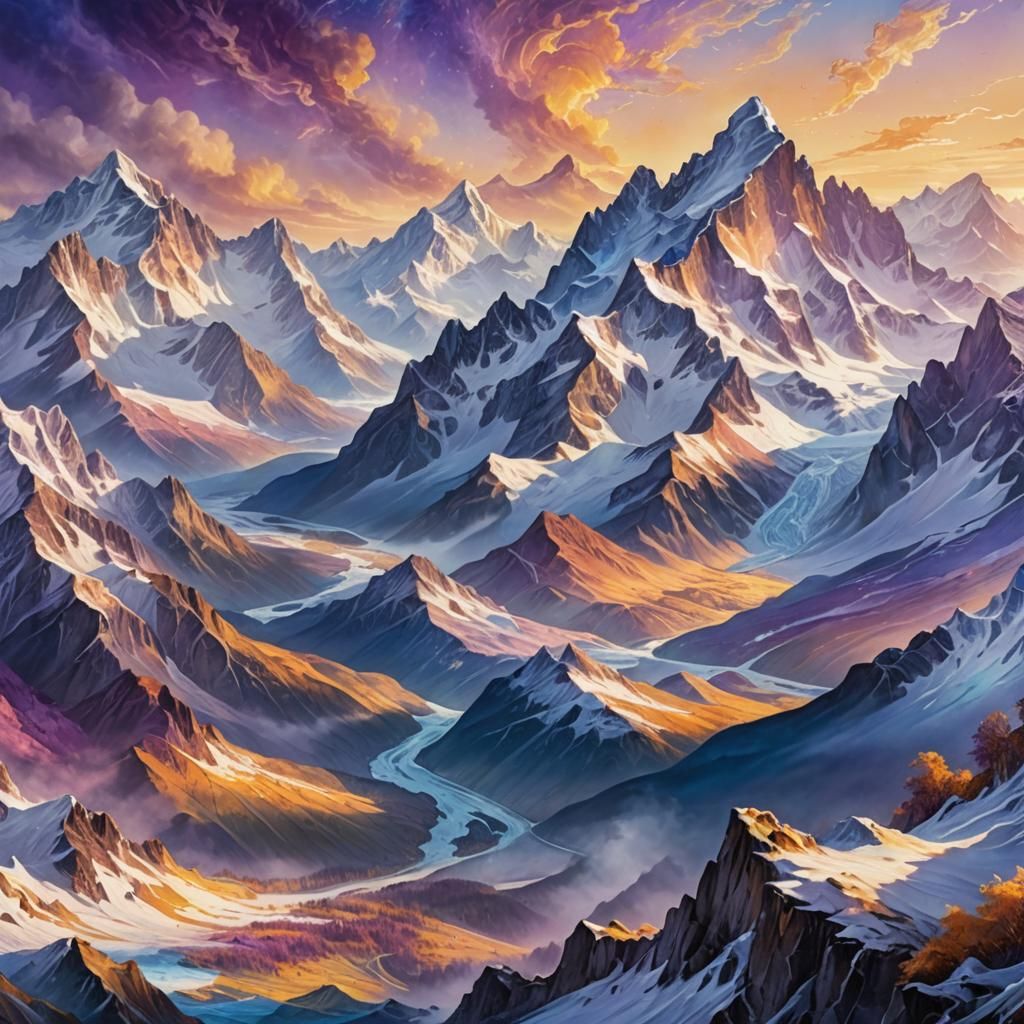 Ethereal Mountain Ranges in Vibrant Oil Painting Style