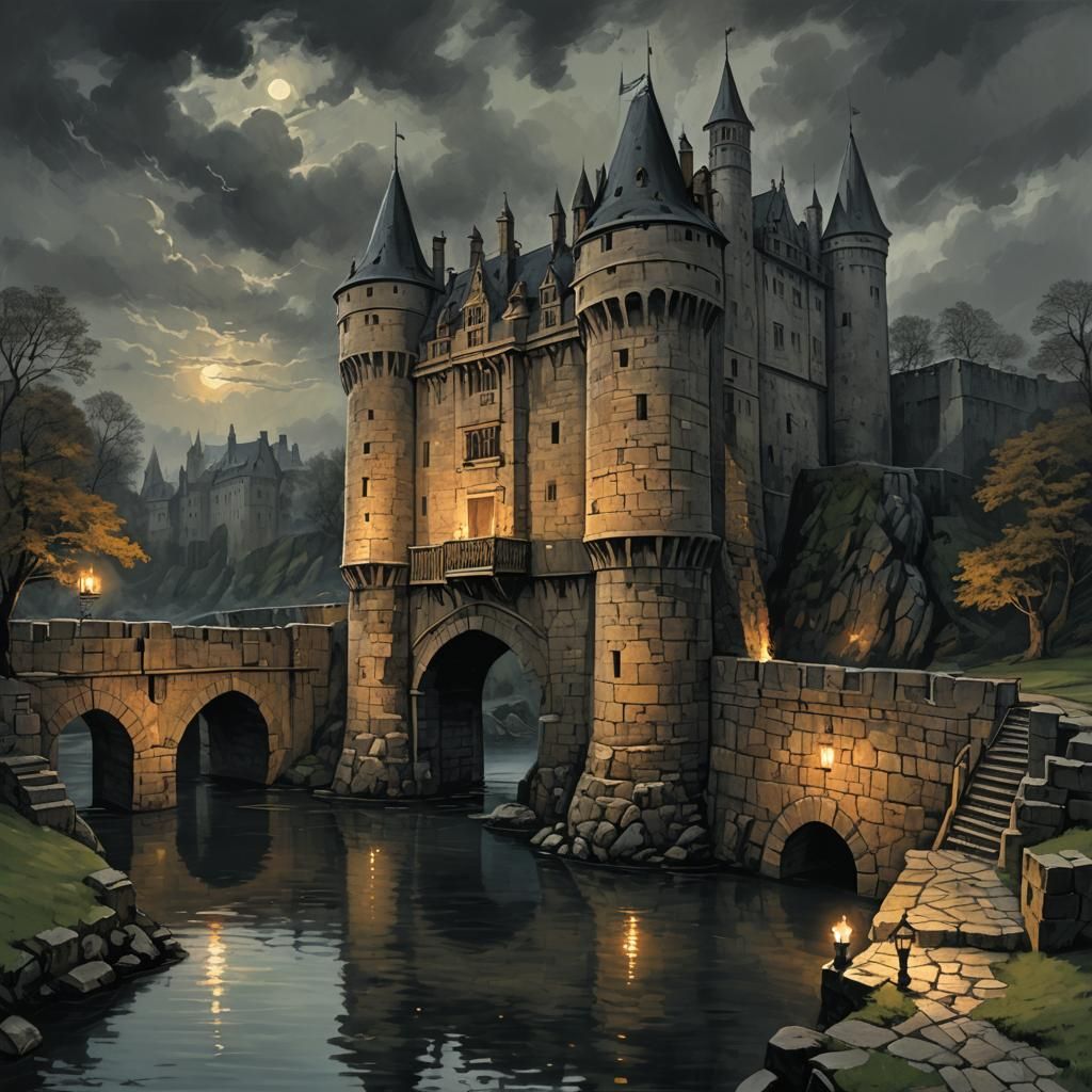 Ominous Moated Fortress at Night: Gloomy Architecture