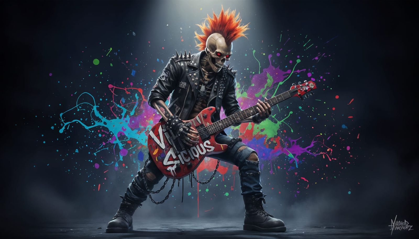 Punk Rock Skeleton Guitarist Playing Electric Guitar in 8k