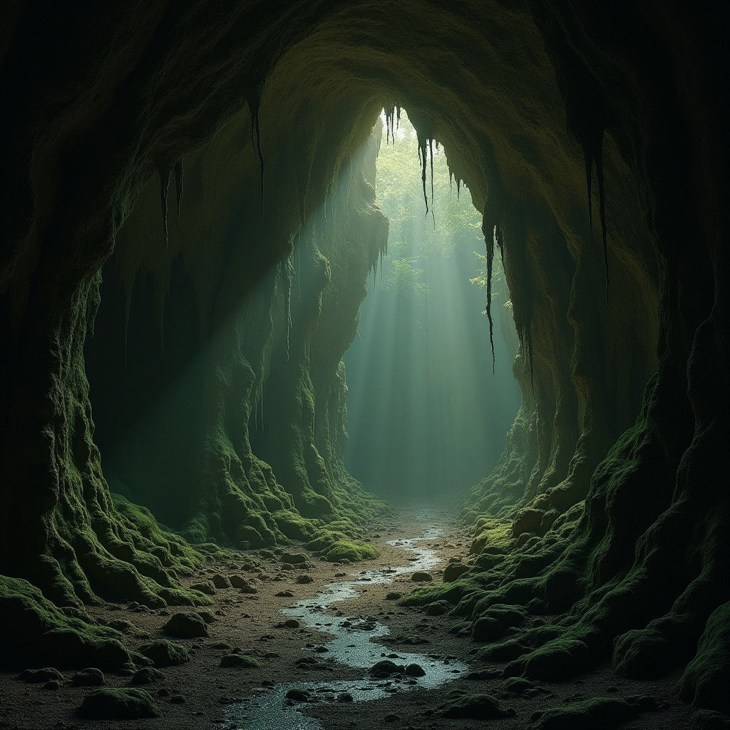 Mystical Cave with Eerie Glow, Dark Fantasy Art