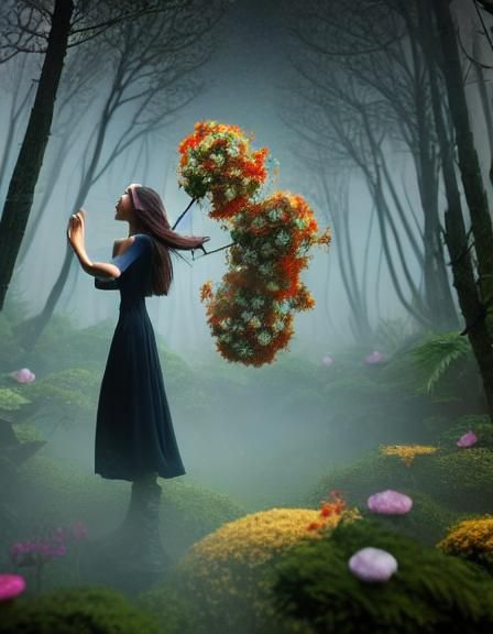 Surreal Woman in Flight with Flower, Magic Realism
