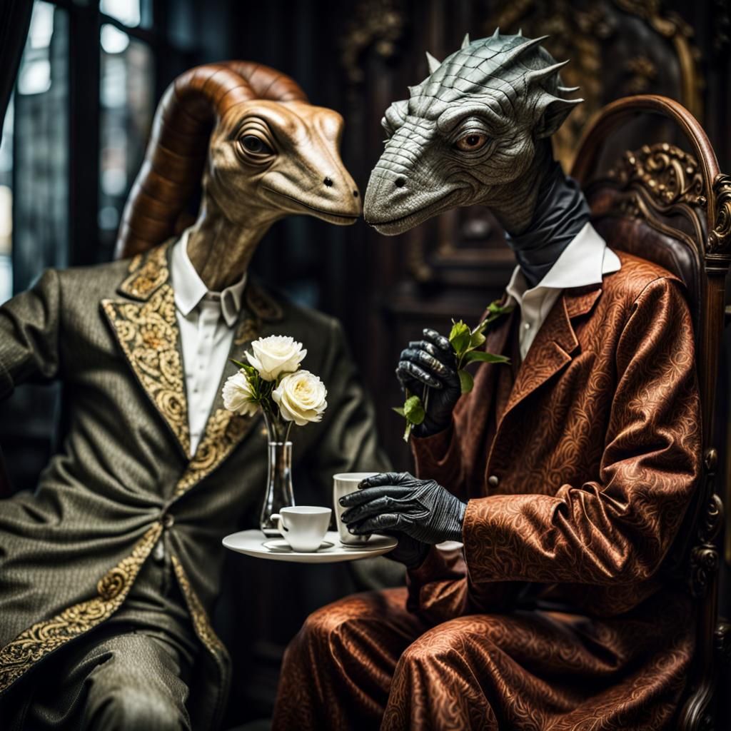 Surreal Alien Celebration in Restaurant Setting