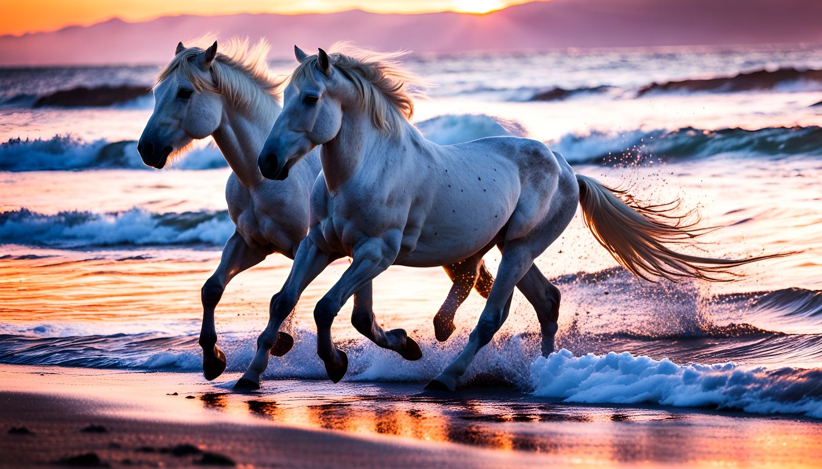 Wild White Horses at Sunset on Beach