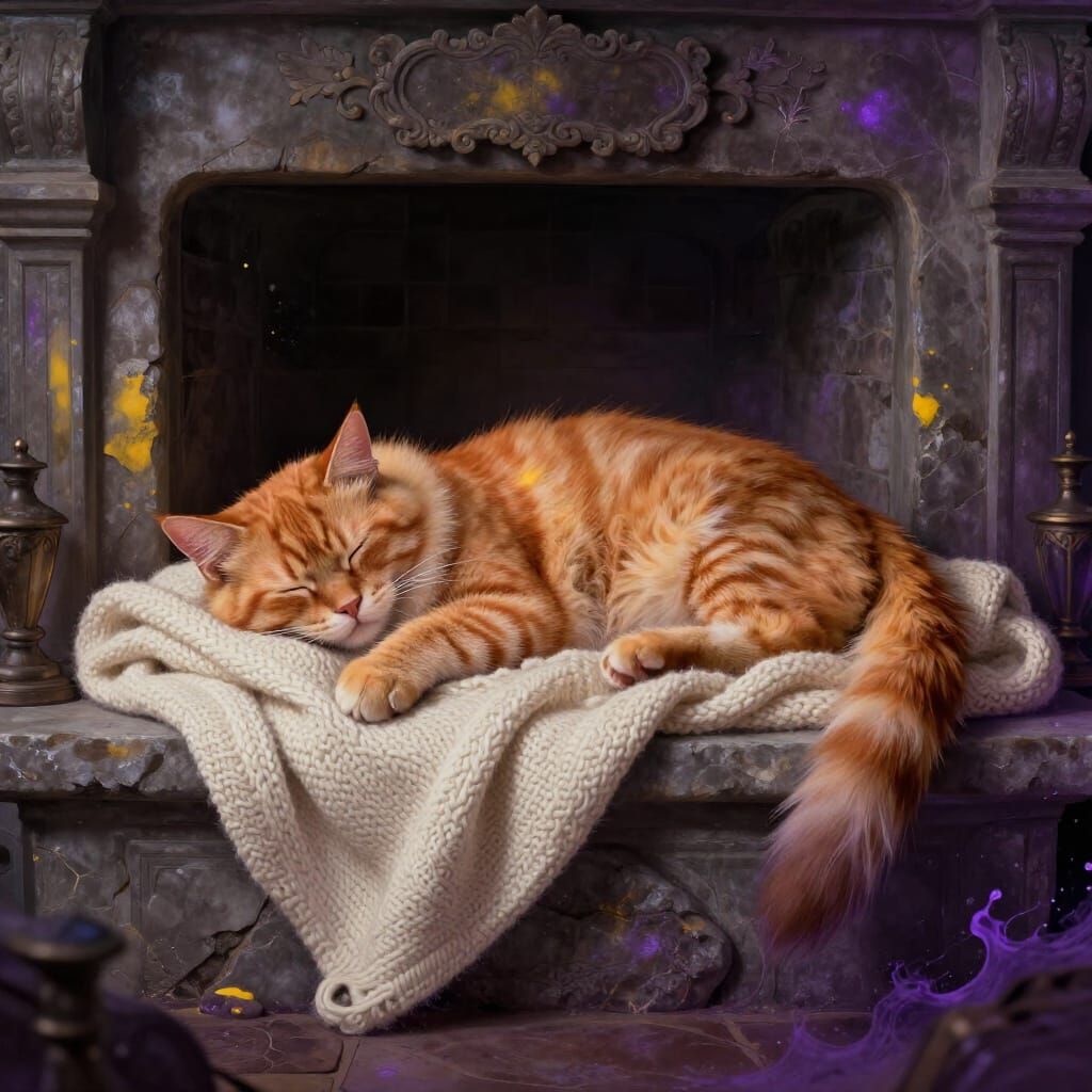 Orange Himalayan Cat Sleeps on Stone Hearth in Fantasy Art S...