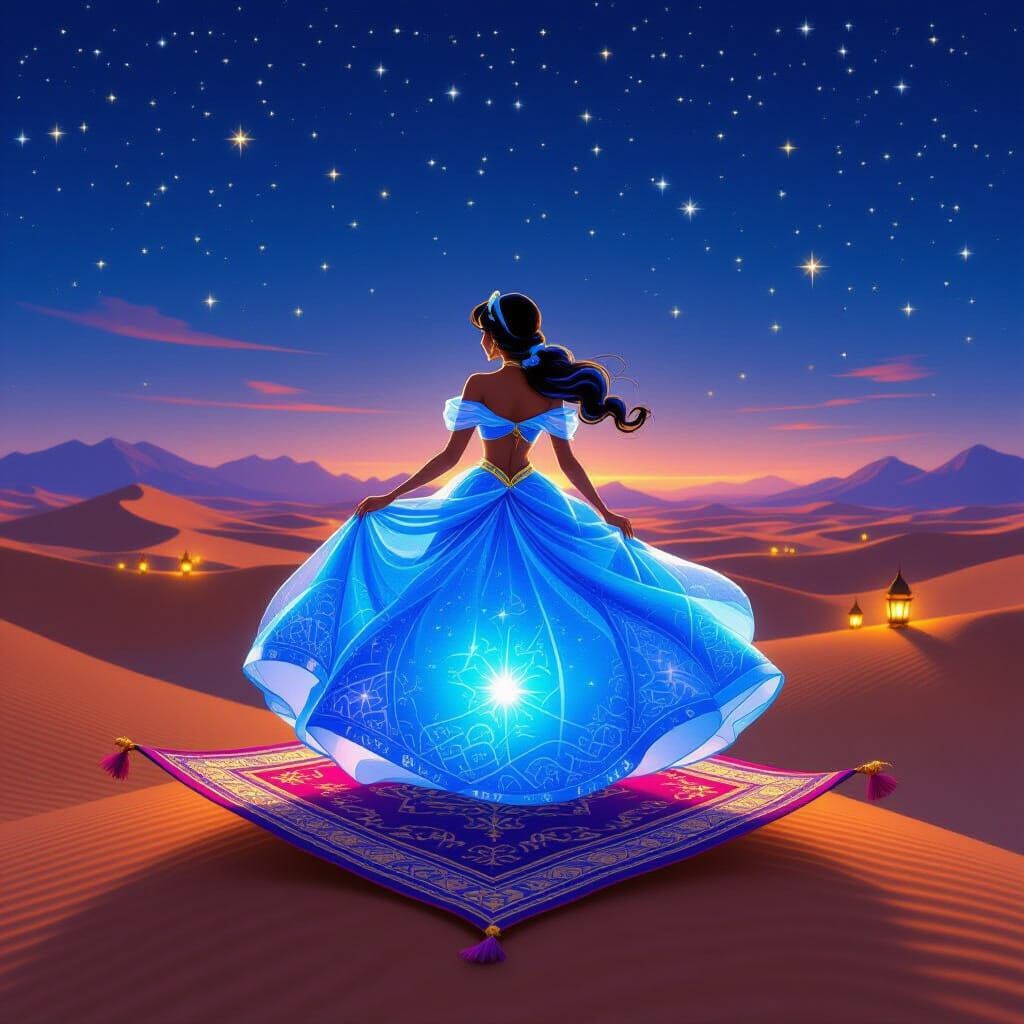 Princess Jasmine floats on magic carpet in starlit desert