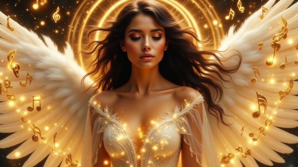 Latina Angel Surrounded by Musical Magic