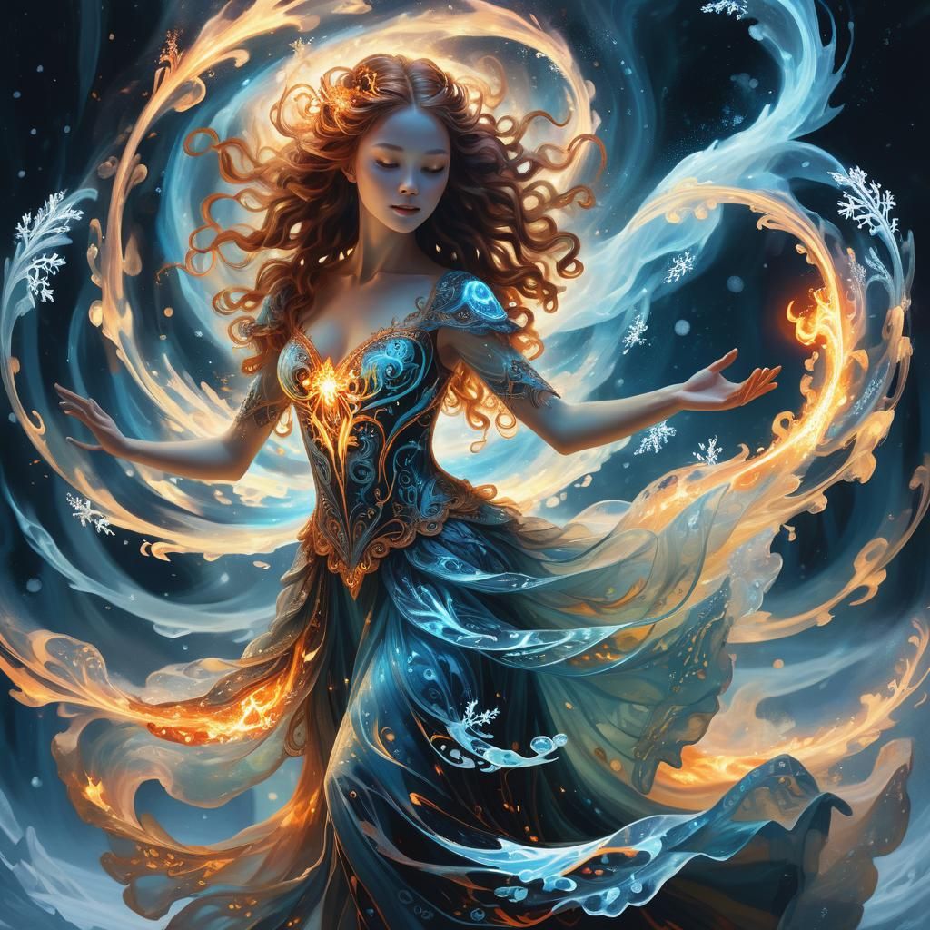 Bioluminescent Fire Dancer in Ice Vortex