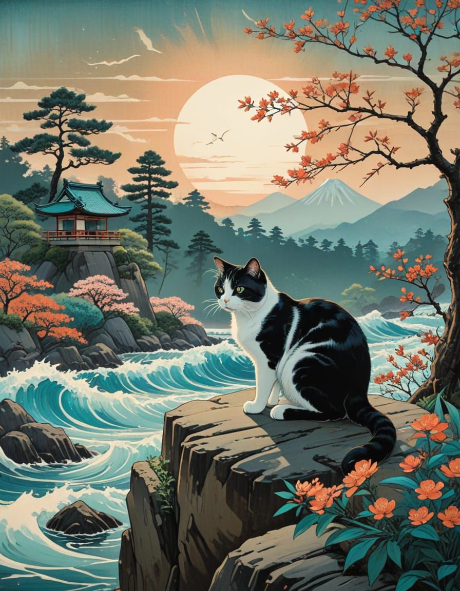 Classic Japanese Cat Portrait in Woodblock Print Style