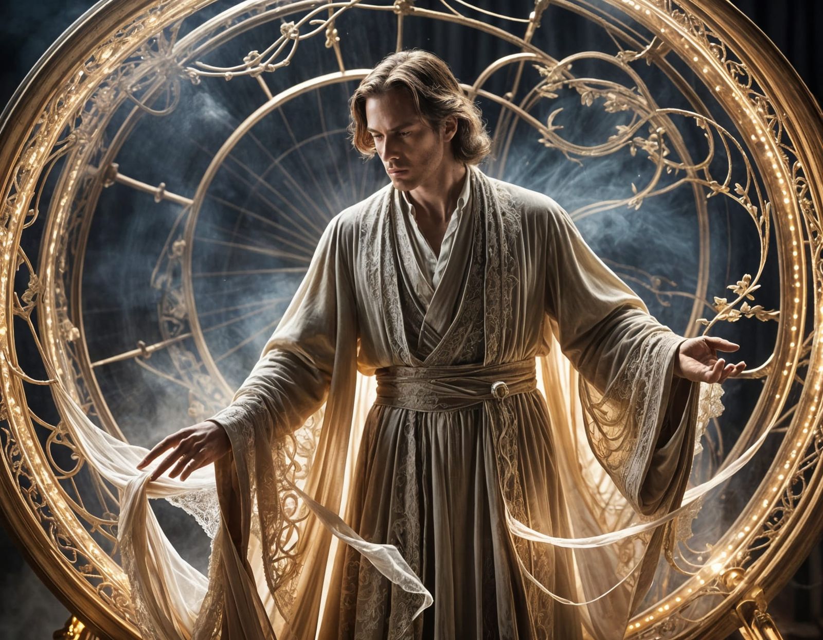 Time Weaver Creating Intricate Weave on Spinning Wheel