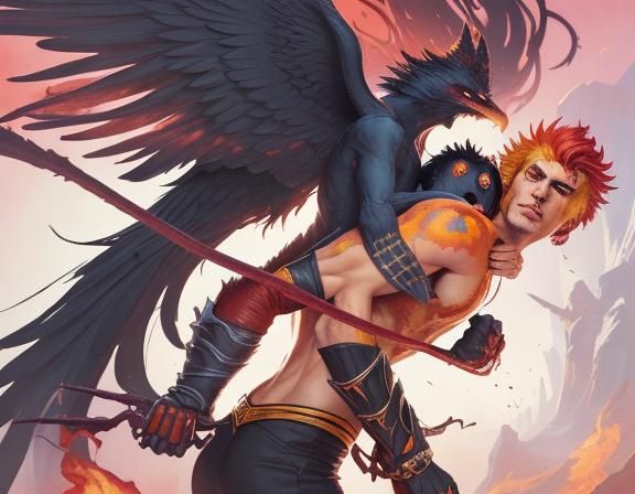 Evil Angel Embracing Lover in Hellish Landscape