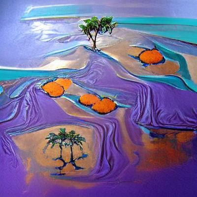 Surreal Landscape with Purple Puddles and Orange Trees