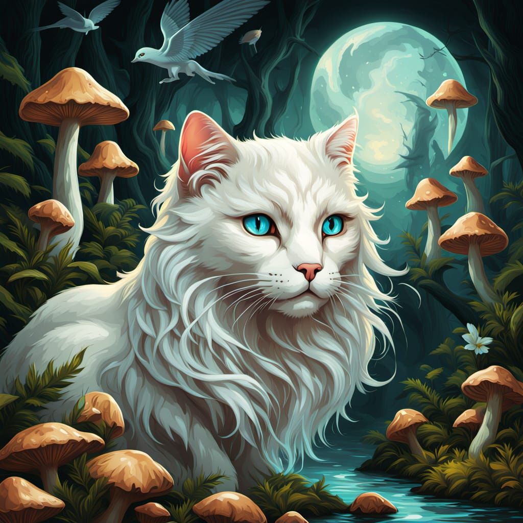 Whimsical White Cat in Enchanted Forest