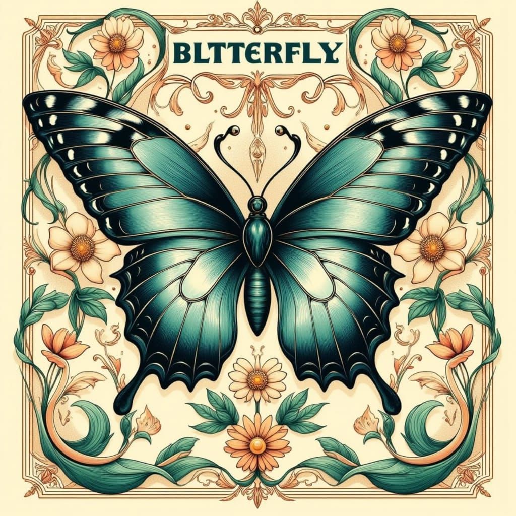 Neo-Traditional Butterfly with Floral Art Nouveau Border
