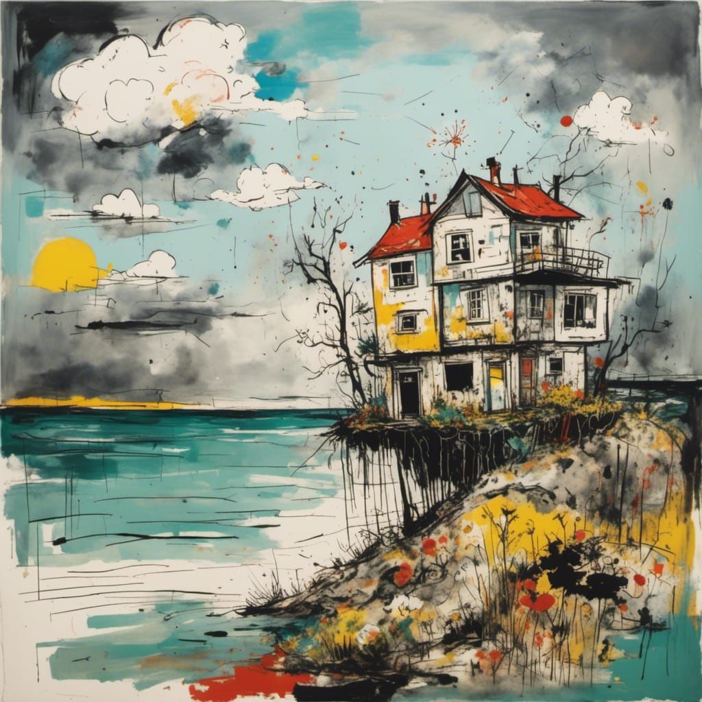 Ink Drawing of Old House on Island