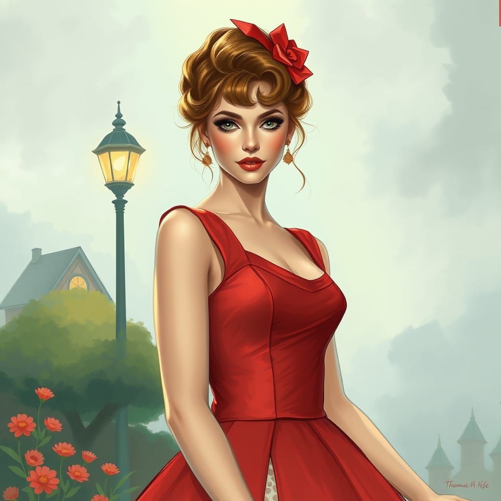 Ethereal Woman in Red 60's Dress, Pastel Makeup, and Whimsic...