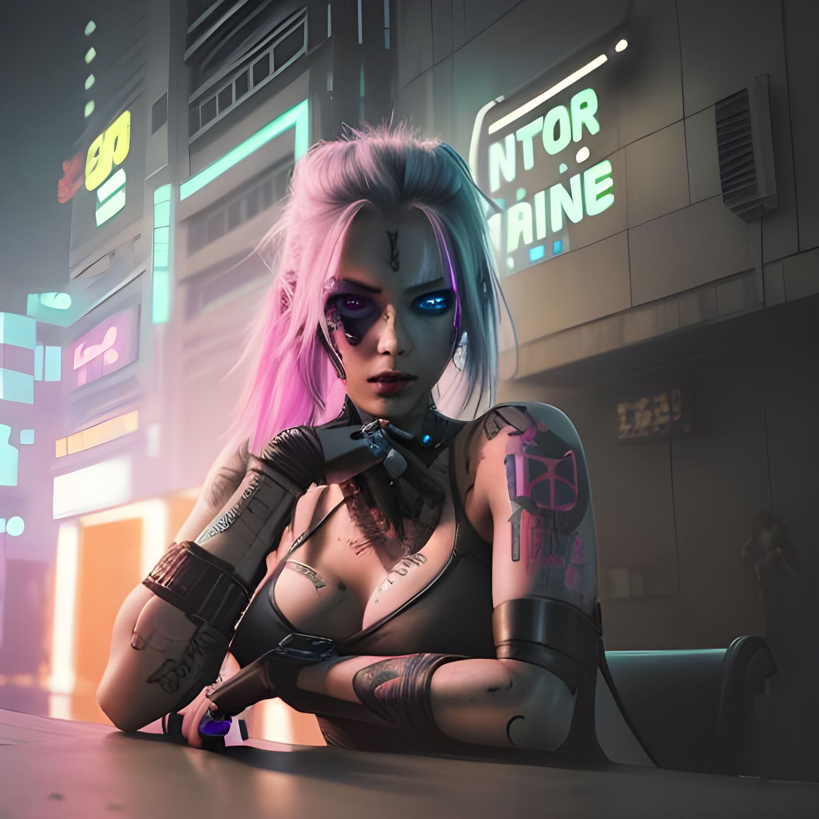 Cyberpunk Woman with Neon and Prosthetic Arm
