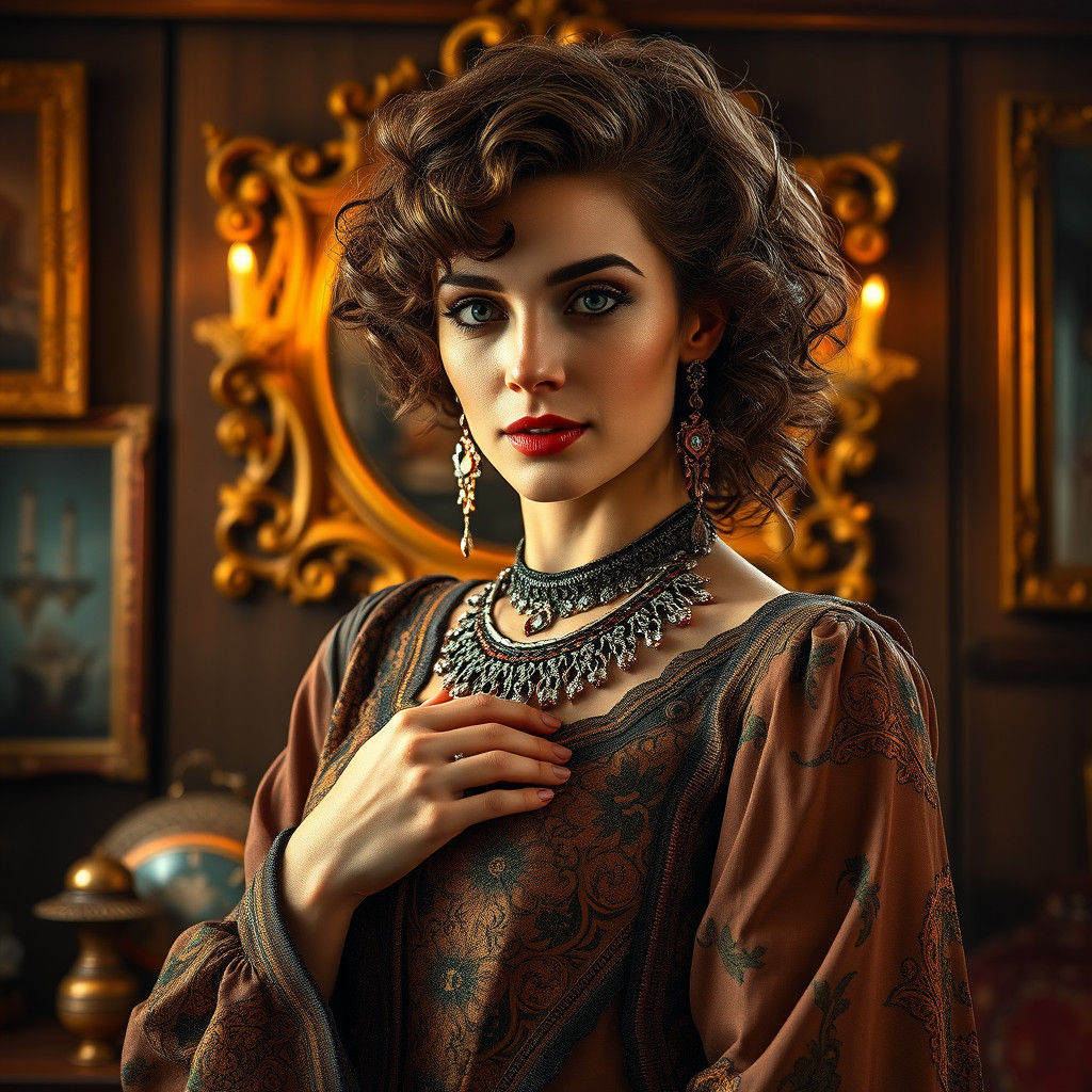 Elegant Woman in Lisbon Antique Store, Art Nouveau Style