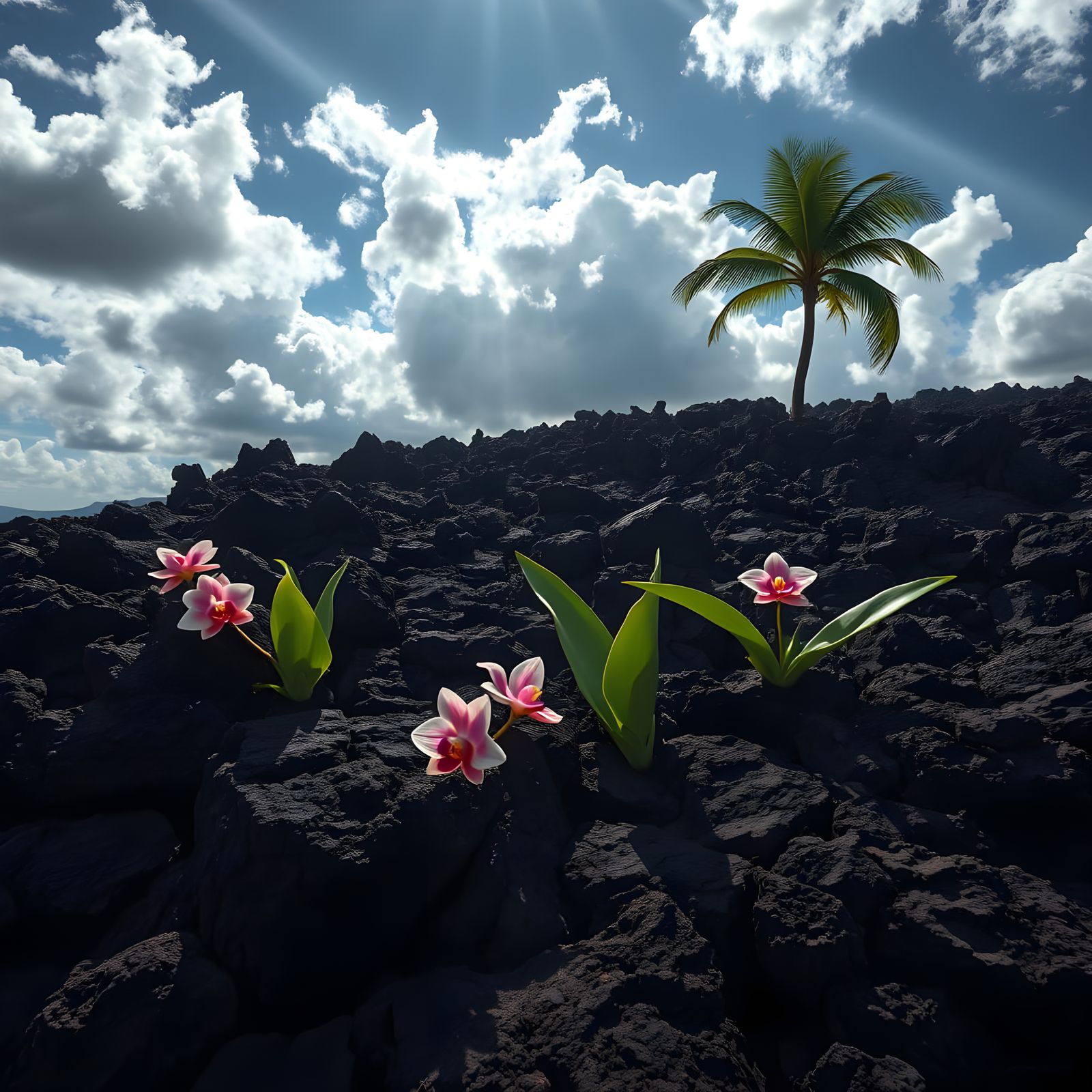 Hyperrealistic Lava Landscape with Tropical Flora