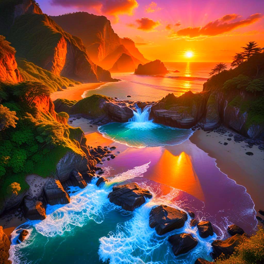 Surreal Sunset Beach Paradise in a Dreamlike Setting