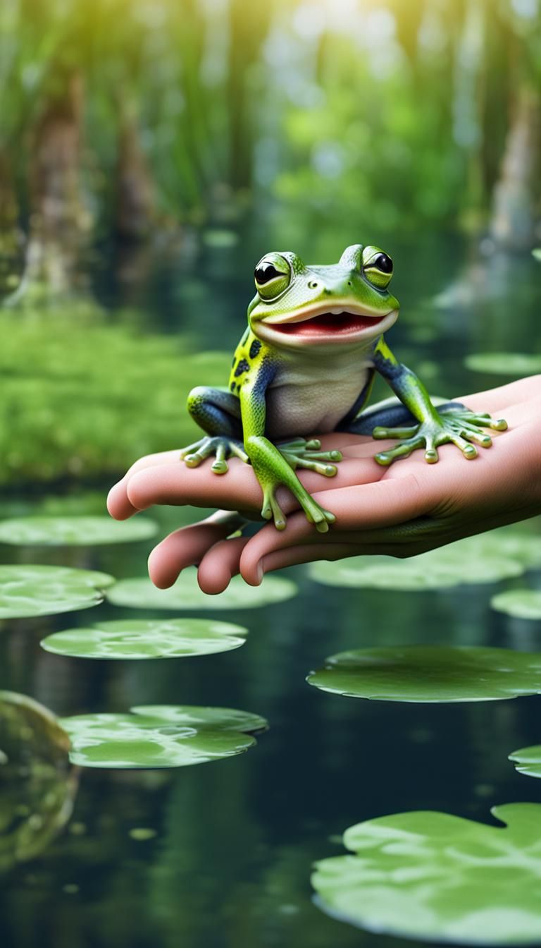 3D surreal image Smiling frog sitting in the palm of hand.The frog is smiling like human hysterical image but realistic