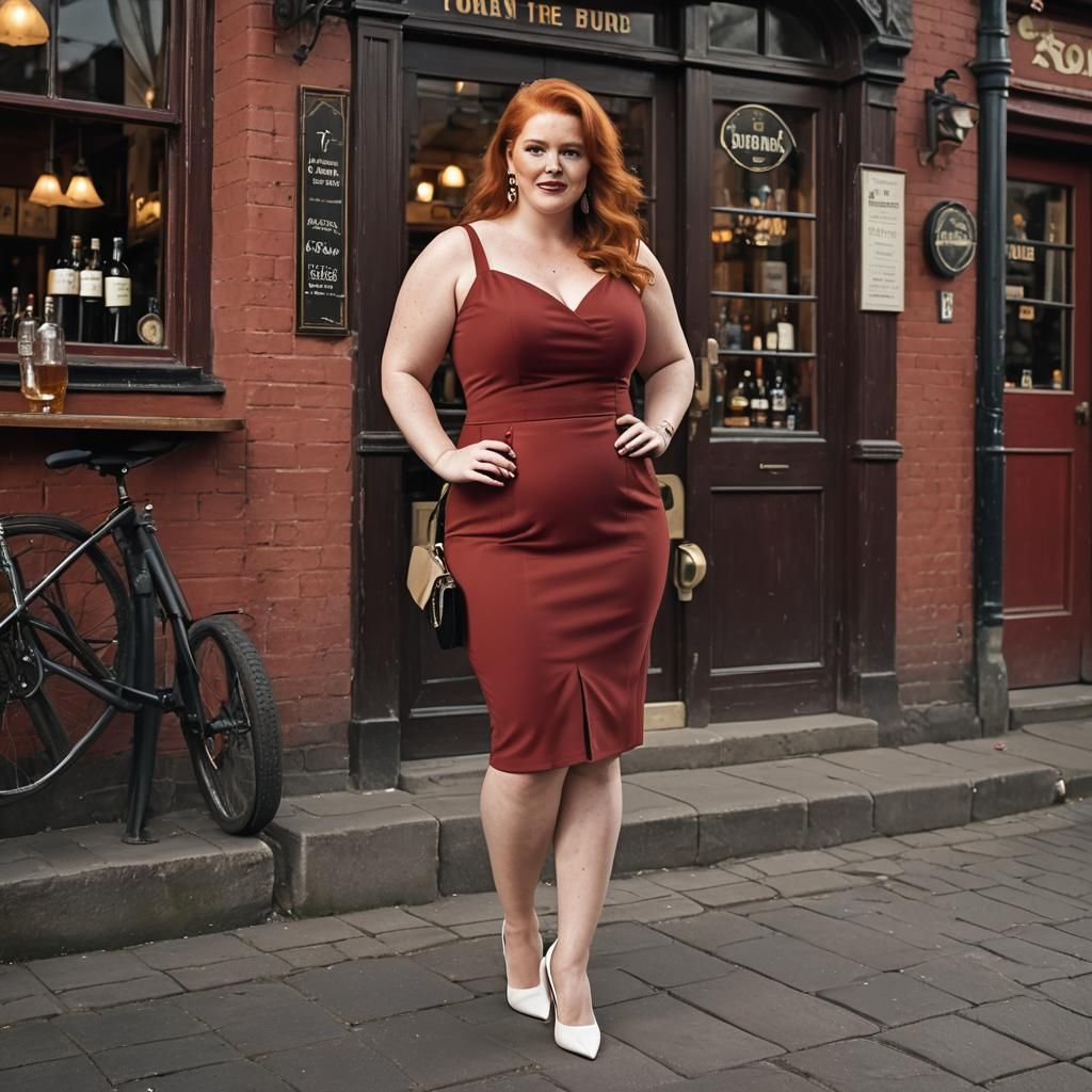 Redhead in Red Dress Outside Irish Pub