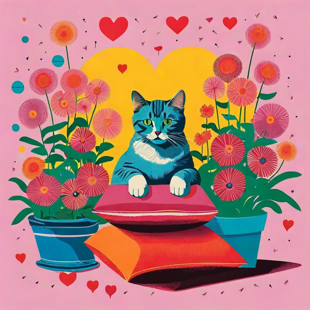 Cute Cat with Flowers in Pop Art Style