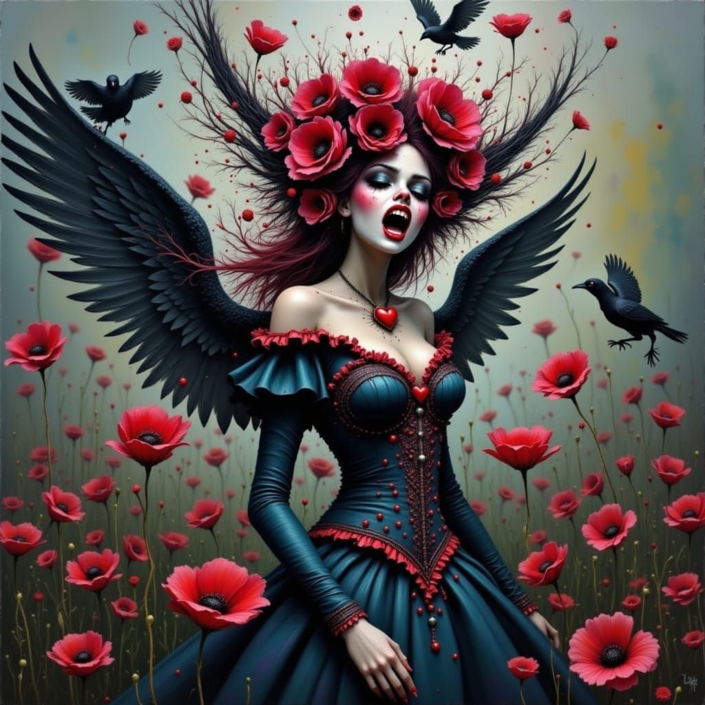 Queen of Hearts in Poppy Field Graffiti Art