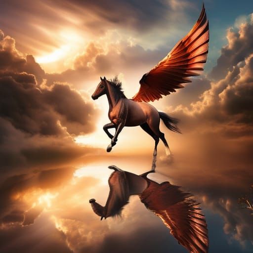 Winged Unicorn Over Reflective River, Dark Fantasy Art