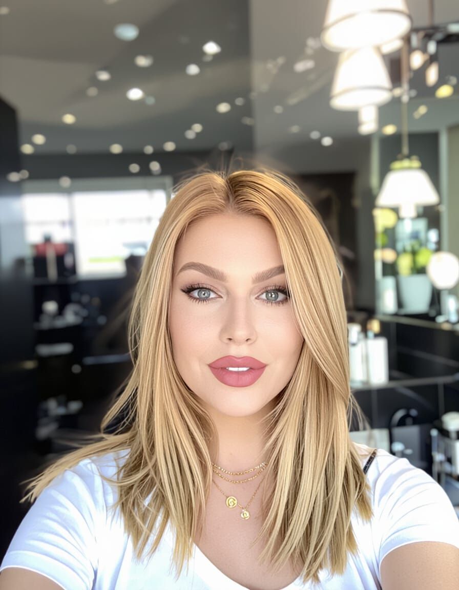 Woman's Mirror Selfie in Dim Bathroom