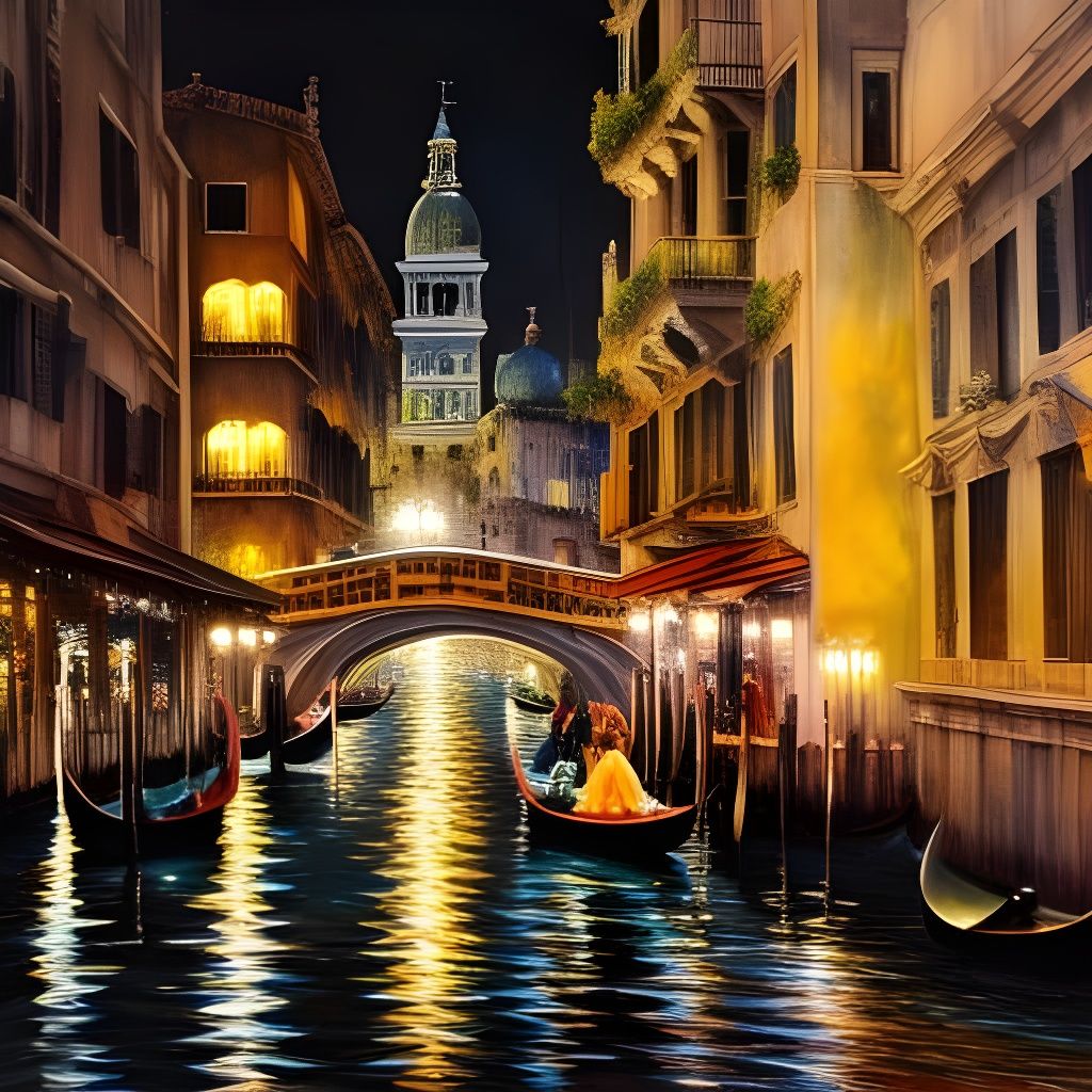 Venice Gondolas at Night: Surreal Watercolor Painting