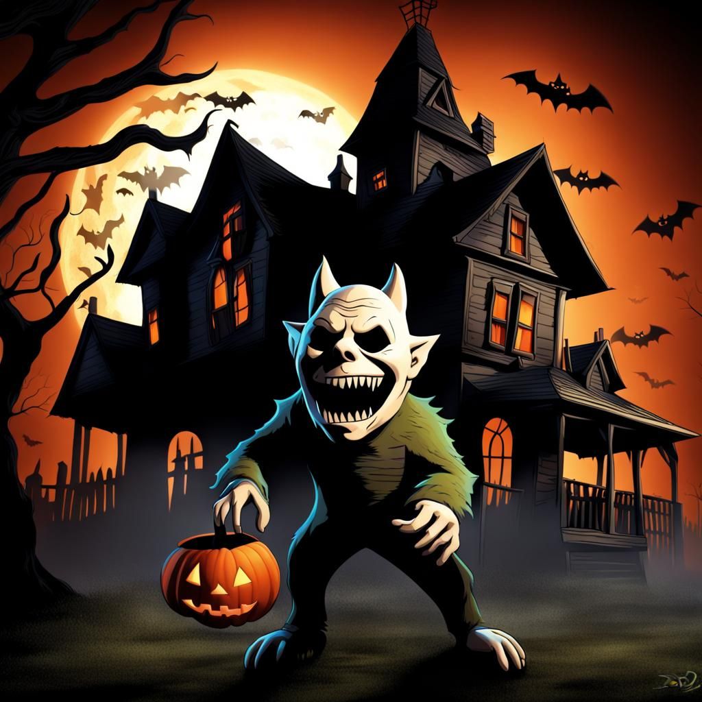 Halloween theme Inside a scary haunted house ghost devil goblin Micheal Myers Halloween wolf showing teeth 3D HD PIXAR D...