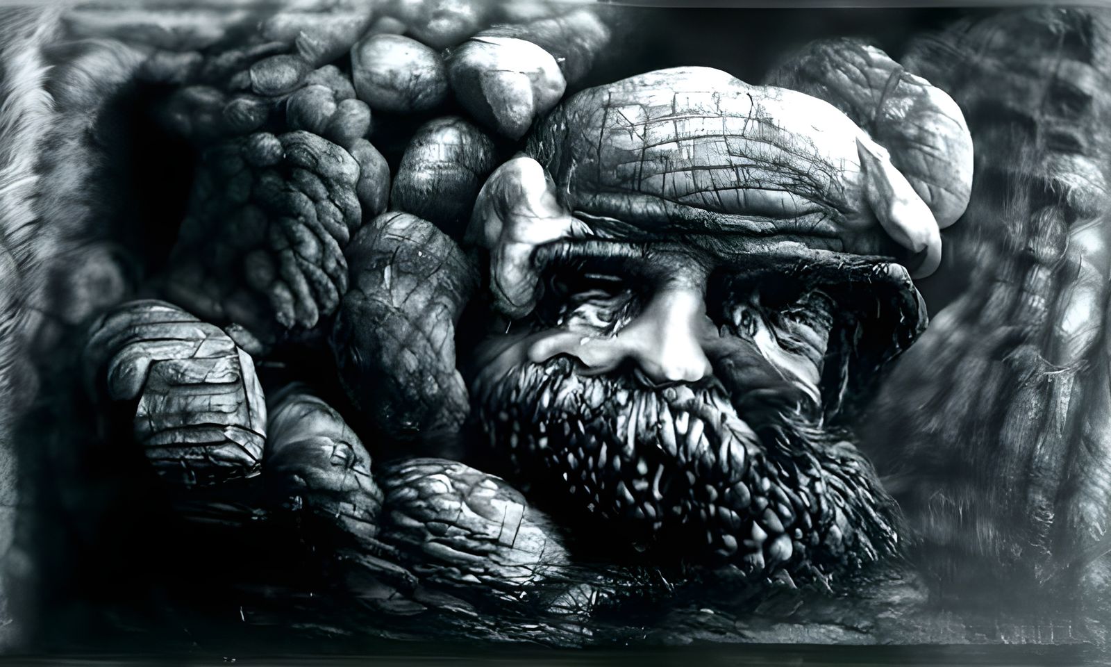 Detailed Charcoal Drawing of a Dwarf Fortress